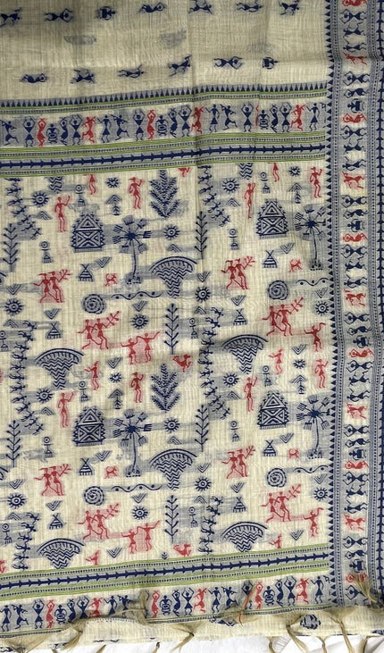 Cream Cotton Silk Saree with Blue Tribal Print Daily Wear Office Saree |CS1|