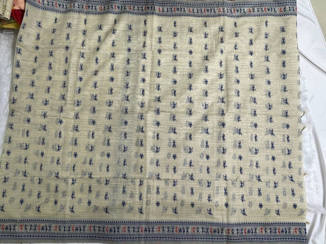 Cream Cotton Silk Saree with Blue Tribal Print Daily Wear Office Saree |CS1|