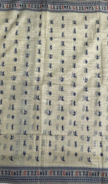 Cream Cotton Silk Saree with Blue Tribal Print Daily Wear Office Saree |CS1|