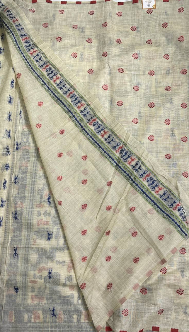 Cream Cotton Silk Saree with Blue Tribal Print Daily Wear Office Saree |CS1|