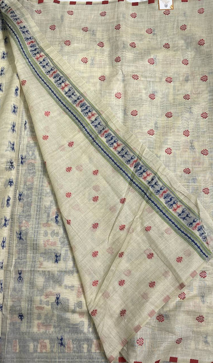 Cream Cotton Silk Saree with Blue Tribal Print Daily Wear Office Saree |CS1|