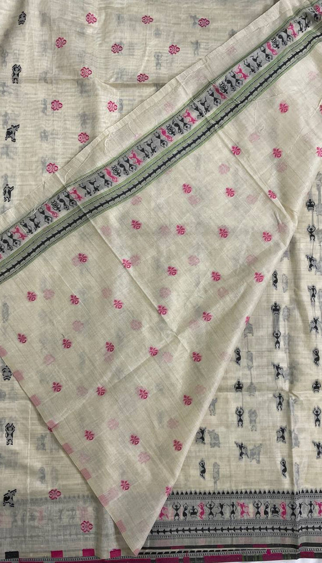 Cream Cotton Silk Saree with Black Tribal Print Designer Office Wear Saree |CS1|