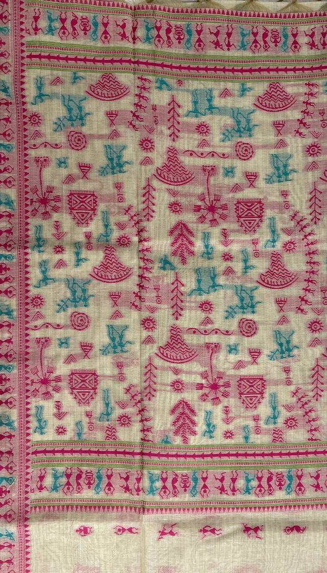 Cream Cotton Silk Saree with Pink Tribal Print Casual Office Wear Saree |CS1|