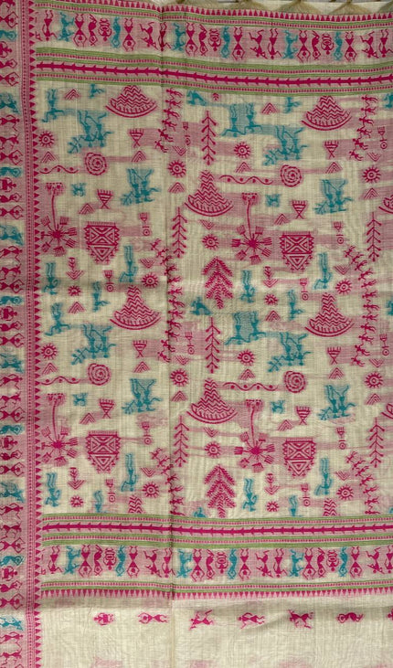 Cream Cotton Silk Saree with Pink Tribal Print Casual Office Wear Saree |CS1|