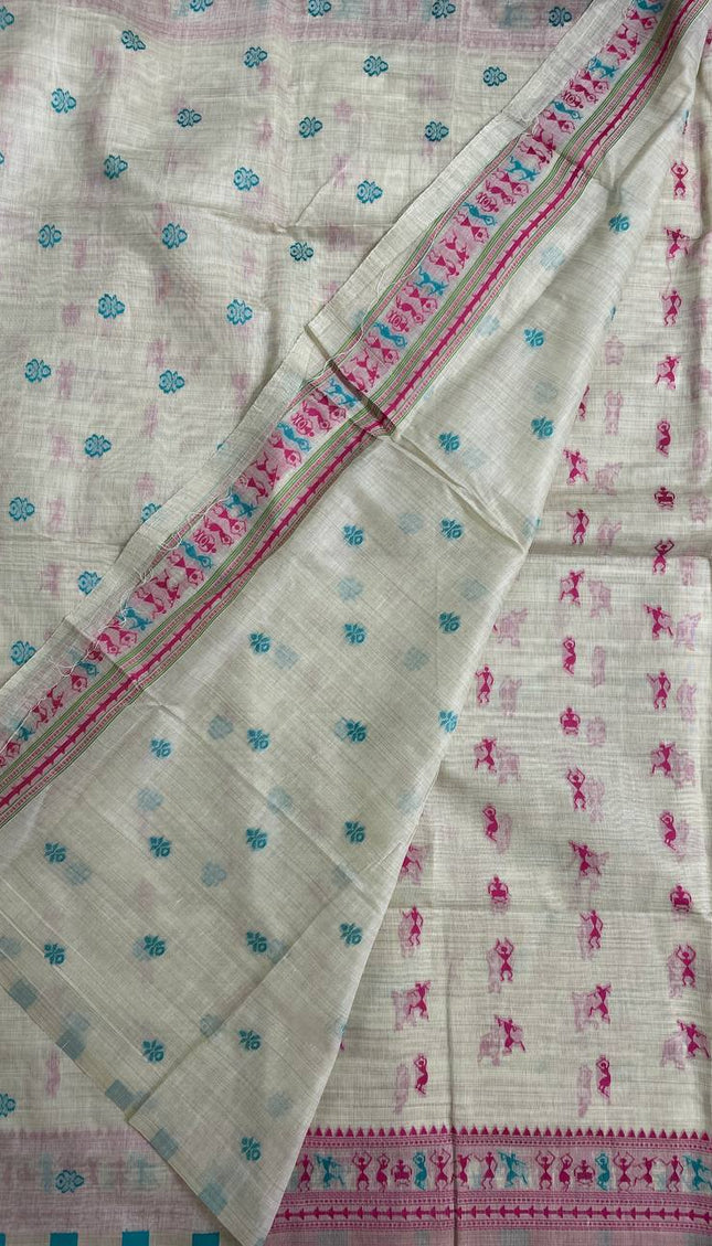 Cream Cotton Silk Saree with Pink Tribal Print Casual Office Wear Saree |CS1|