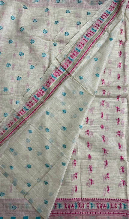 Cream Cotton Silk Saree with Pink Tribal Print Casual Office Wear Saree |CS1|