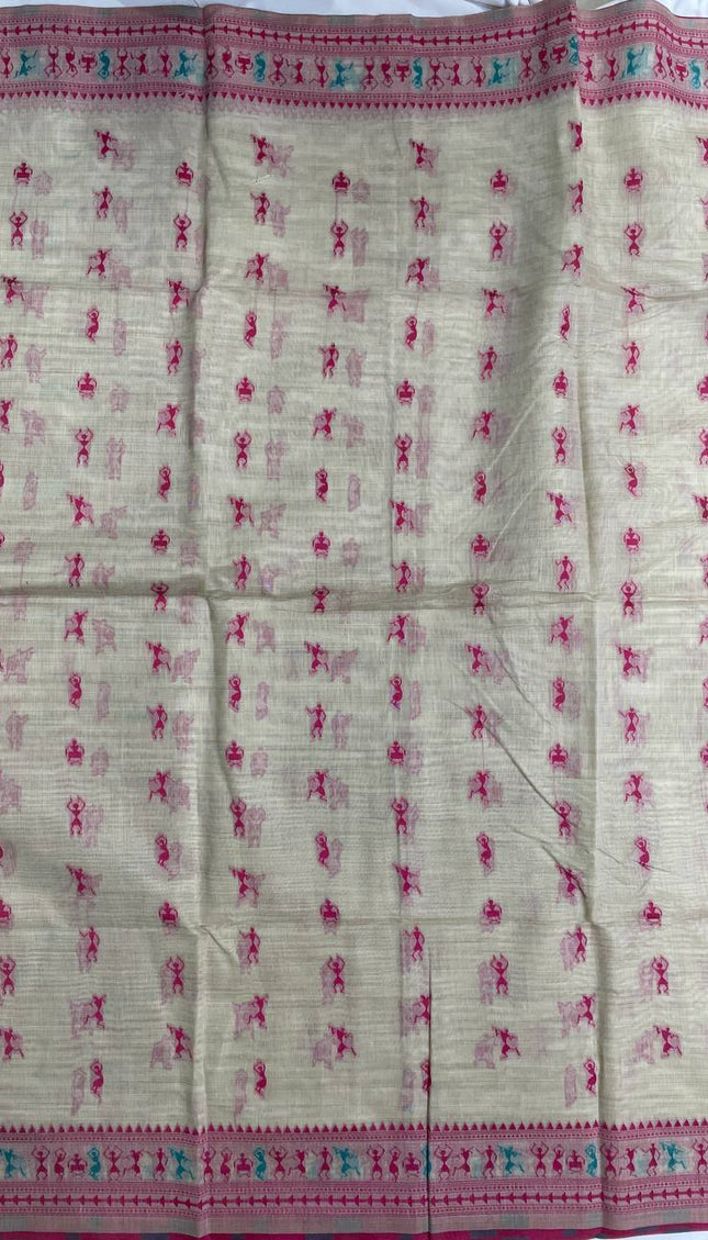 Cream Cotton Silk Saree with Pink Tribal Print Casual Office Wear Saree |CS1|