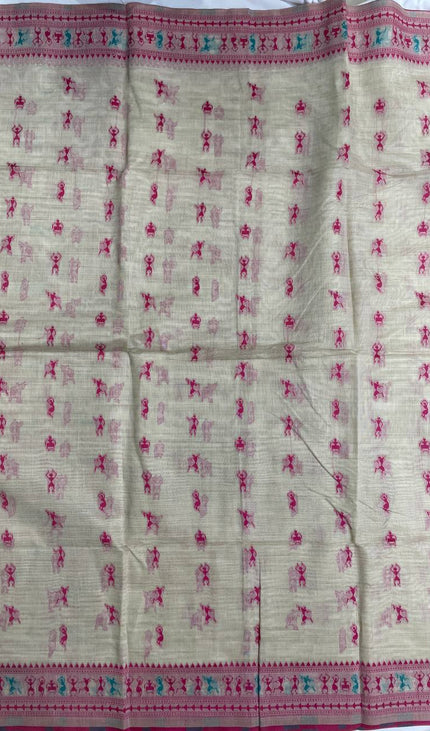 Cream Cotton Silk Saree with Pink Tribal Print Casual Office Wear Saree |CS1|