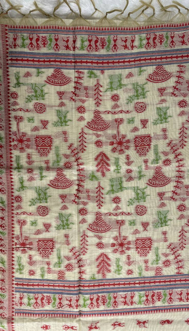 Cream Cotton Silk Saree with Red Tribal Print Daily Wear Saree |CS1|
