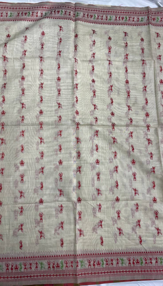 Cream Cotton Silk Saree with Red Tribal Print Daily Wear Saree |CS1|