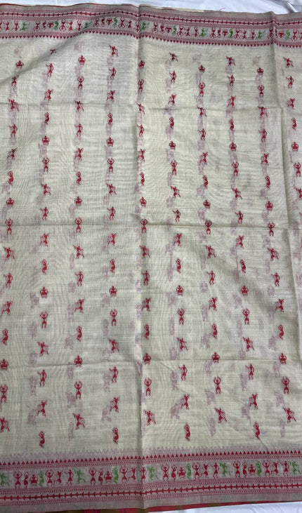 Cream Cotton Silk Saree with Red Tribal Print Daily Wear Saree |CS1|