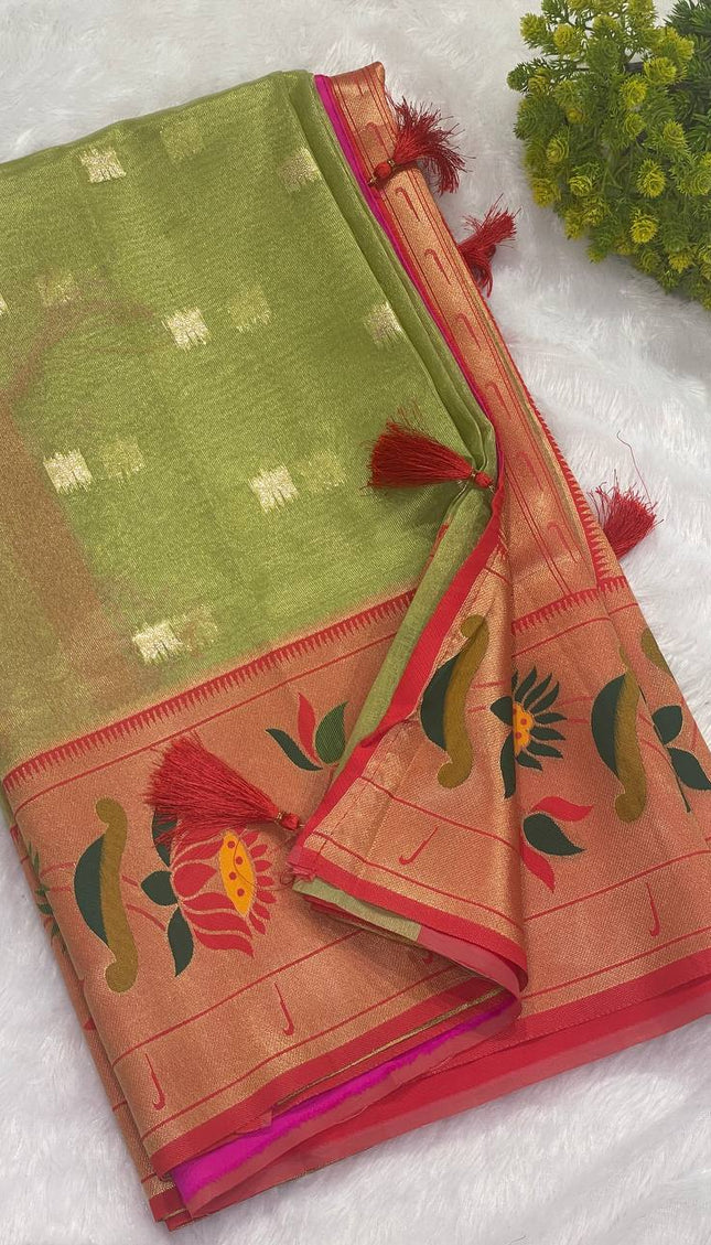 Olive Green Tissue Cotton Saree with Floral Zari Border Daily Office Wear |CS2|