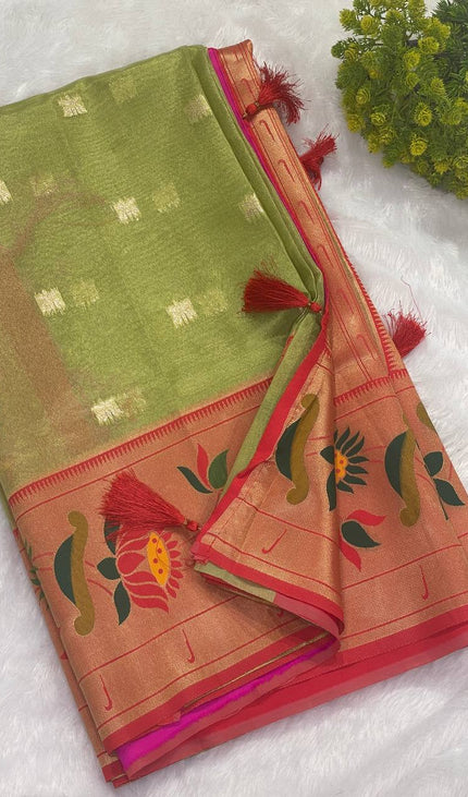 Olive Green Tissue Cotton Saree with Floral Zari Border Daily Office Wear |CS2|