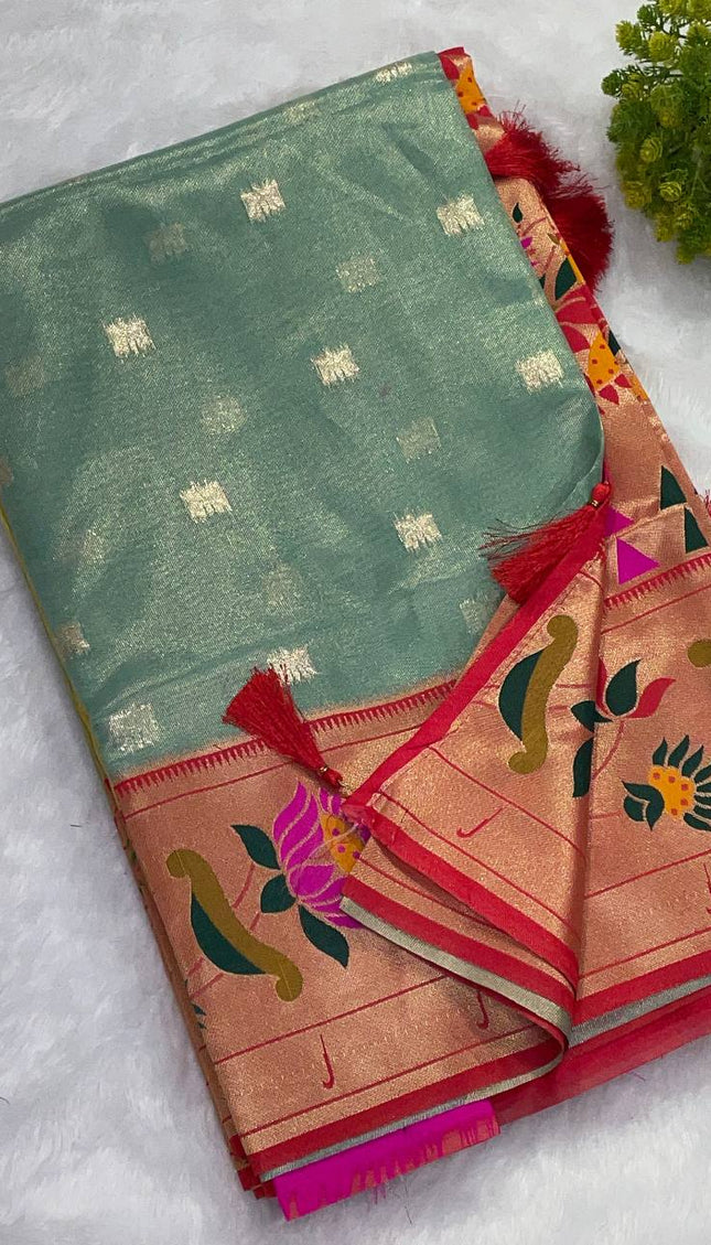 Sea Green Tissue Cotton Saree with Floral Zari Border Office Wear Saree |CS2|