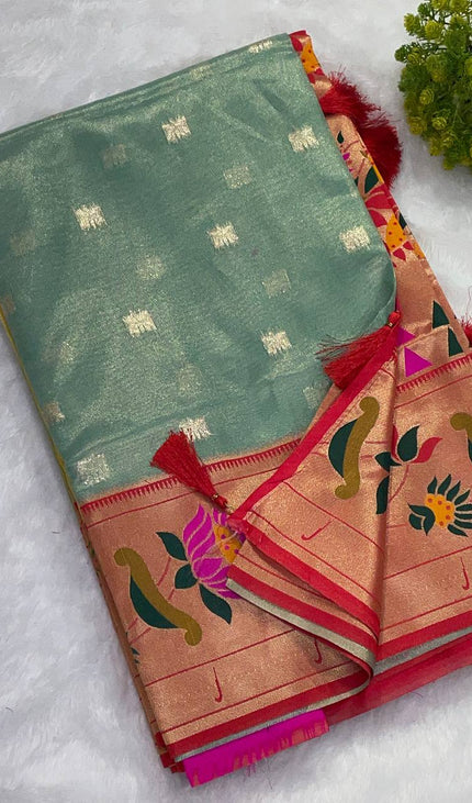 Sea Green Tissue Cotton Saree with Floral Zari Border Office Wear Saree |CS2|