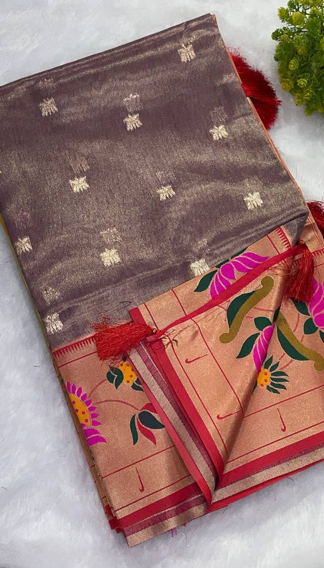 Coffee Brown Tissue Cotton Saree with Zari Butti & Floral Border |CS2|