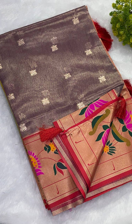 Coffee Brown Tissue Cotton Saree with Zari Butti & Floral Border |CS2|