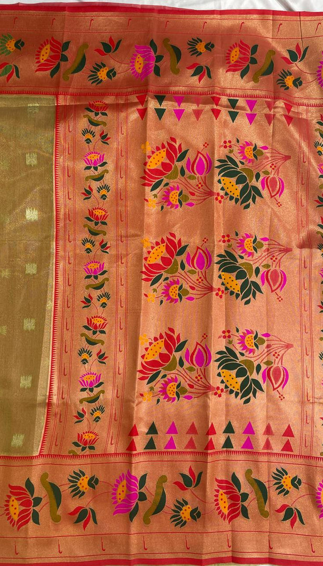 Olive Green Tissue Cotton Saree with Floral Zari Border Daily Office Wear |CS2|