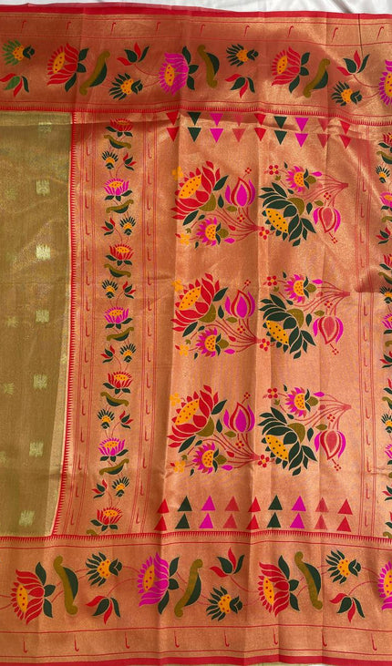 Olive Green Tissue Cotton Saree with Floral Zari Border Daily Office Wear |CS2|