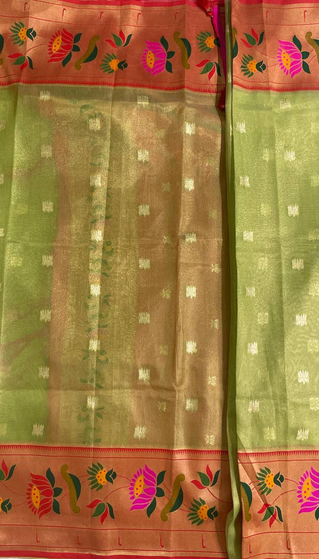 Olive Green Tissue Cotton Saree with Floral Zari Border Daily Office Wear |CS2|