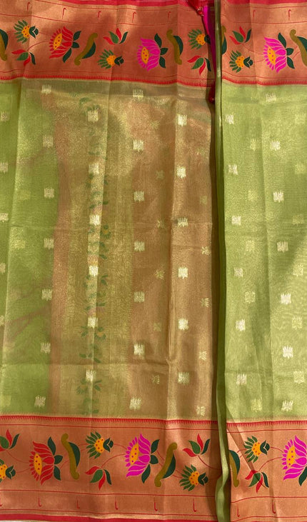 Olive Green Tissue Cotton Saree with Floral Zari Border Daily Office Wear |CS2|