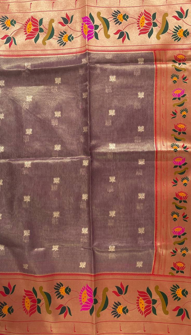 Coffee Brown Tissue Cotton Saree with Zari Butti & Floral Border |CS2|