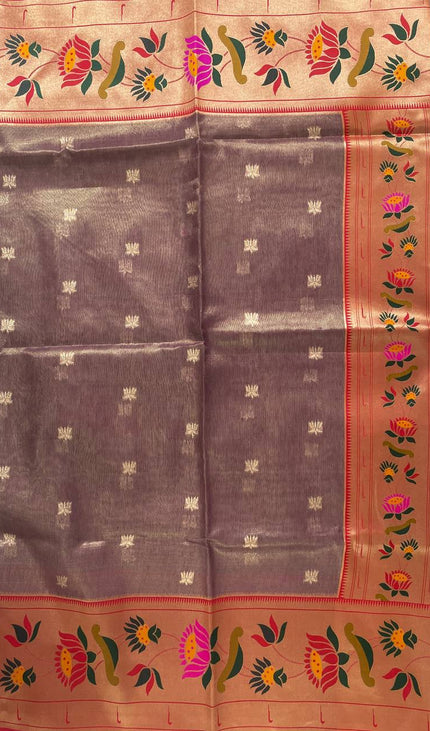 Coffee Brown Tissue Cotton Saree with Zari Butti & Floral Border |CS2|