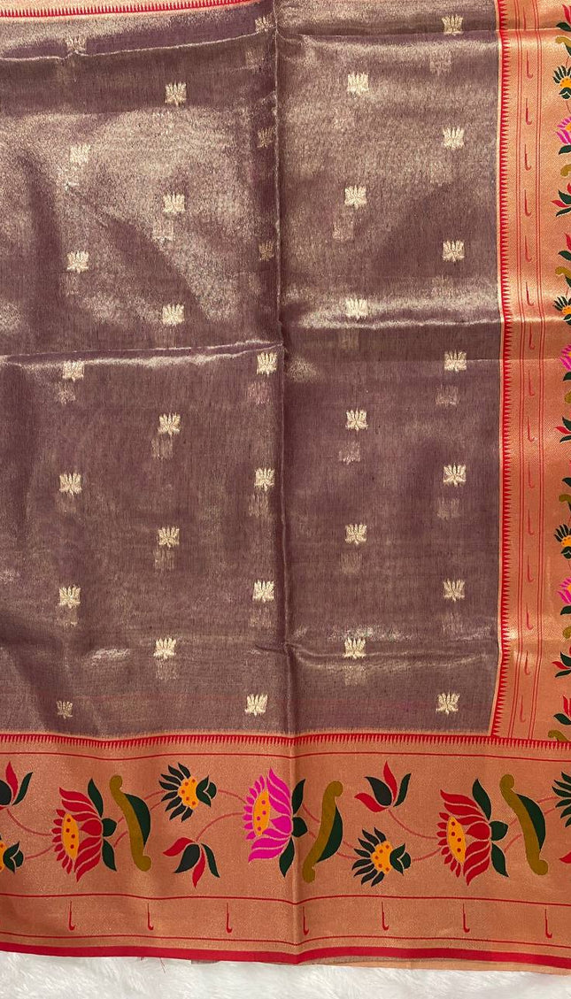 Coffee Brown Tissue Cotton Saree with Zari Butti & Floral Border |CS2|