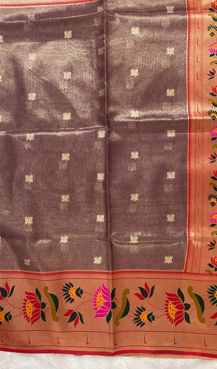 Coffee Brown Tissue Cotton Saree with Zari Butti & Floral Border |CS2|
