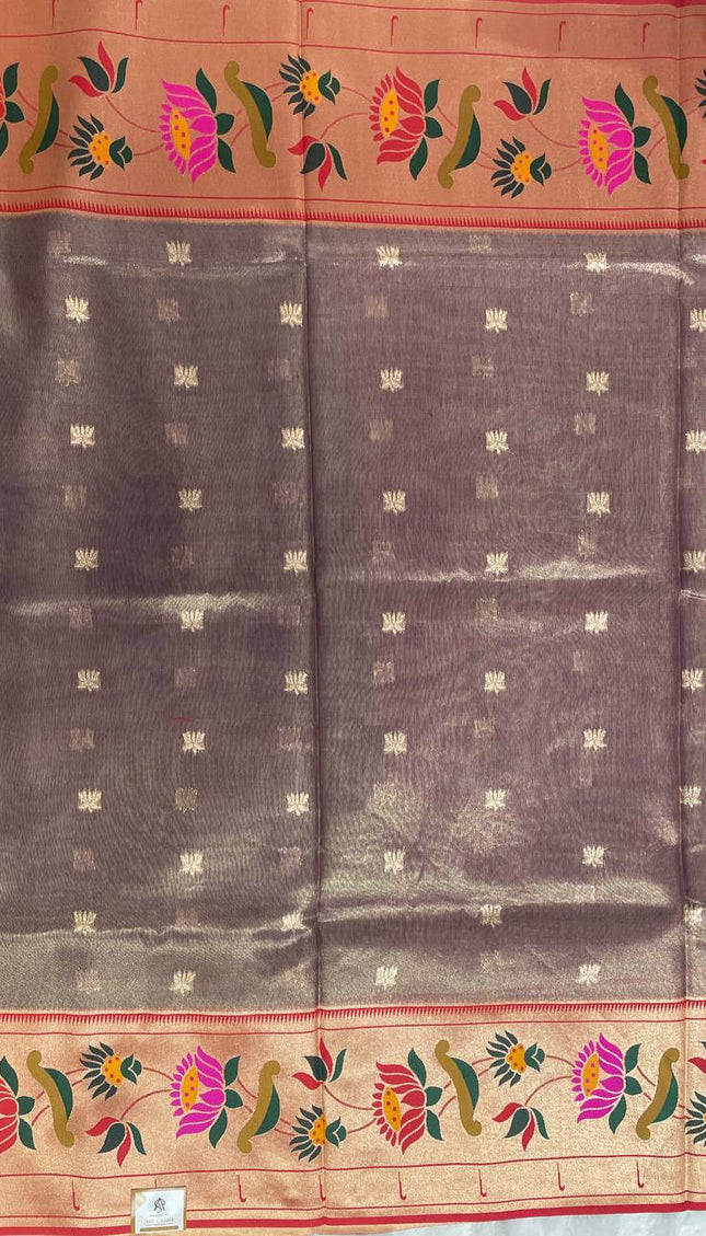 Coffee Brown Tissue Cotton Saree with Zari Butti & Floral Border |CS2|