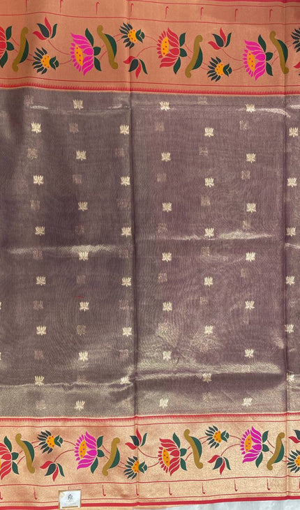 Coffee Brown Tissue Cotton Saree with Zari Butti & Floral Border |CS2|