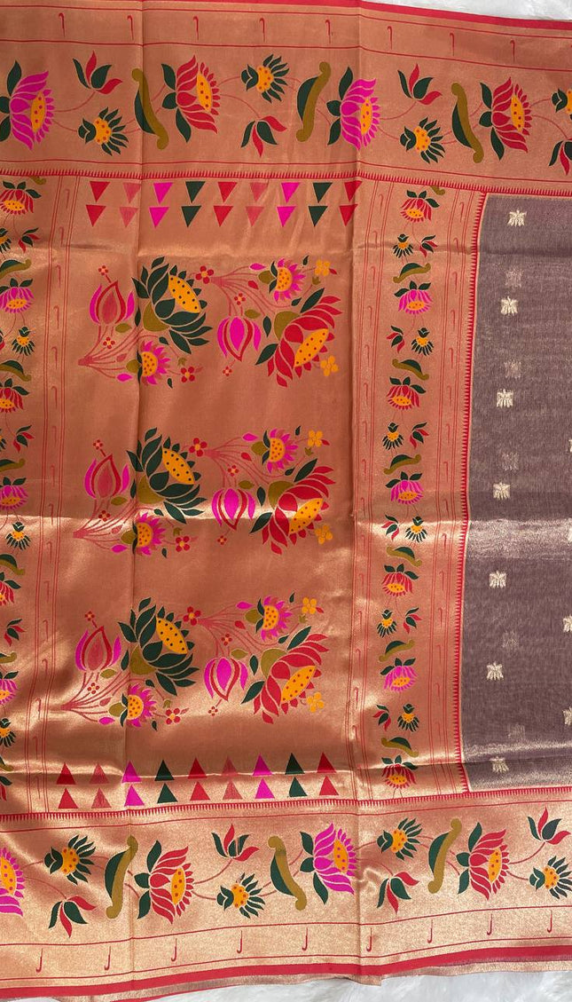 Coffee Brown Tissue Cotton Saree with Zari Butti & Floral Border |CS2|