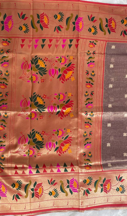 Coffee Brown Tissue Cotton Saree with Zari Butti & Floral Border |CS2|