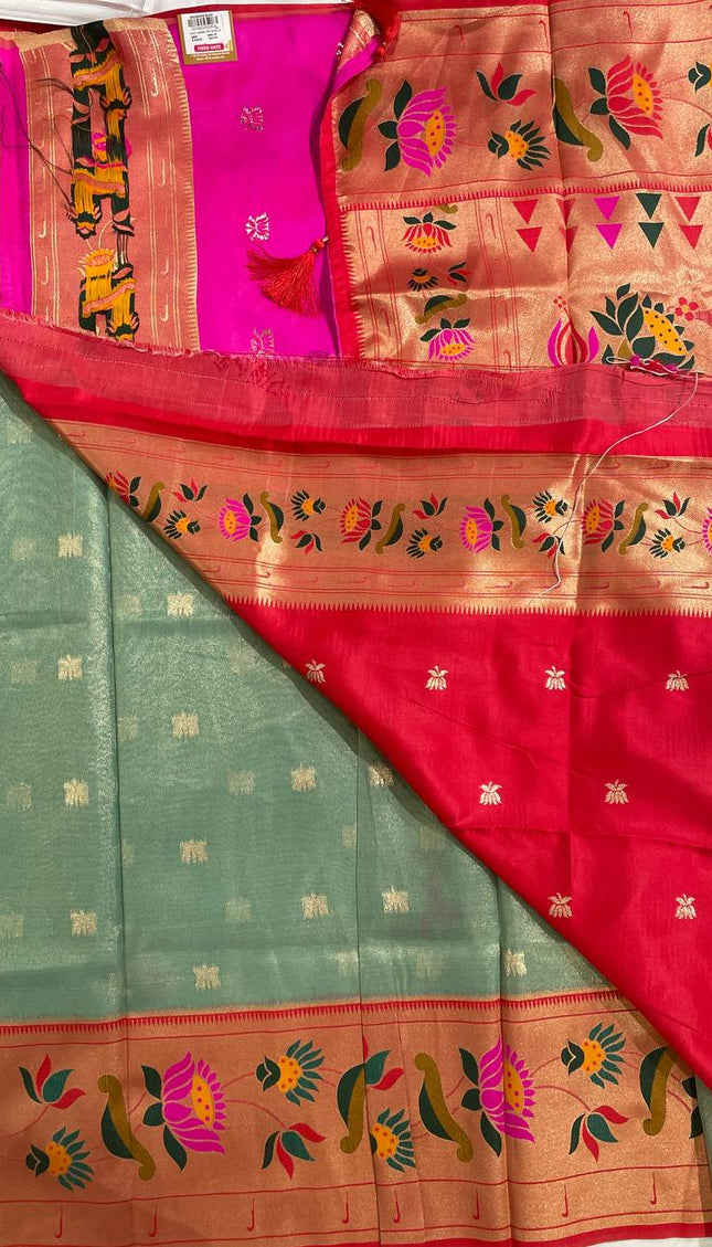 Sea Green Tissue Cotton Saree with Floral Zari Border Office Wear Saree |CS2|