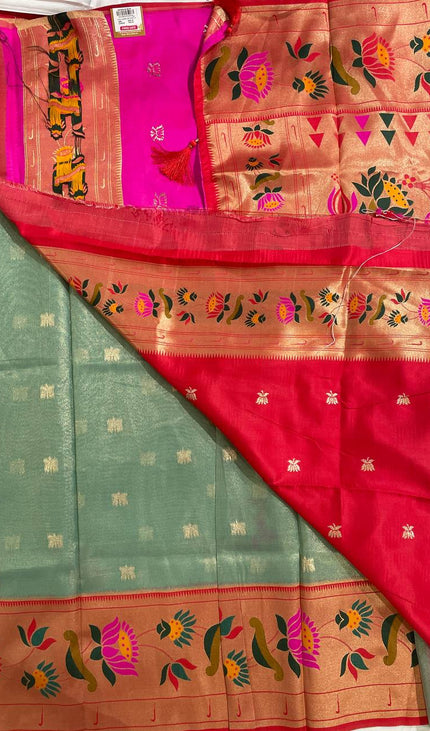 Sea Green Tissue Cotton Saree with Floral Zari Border Office Wear Saree |CS2|
