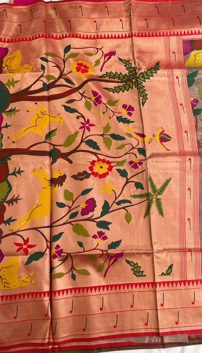 Brown Tissue Saree with Paithani Border & Kalamkari Body |CS4|