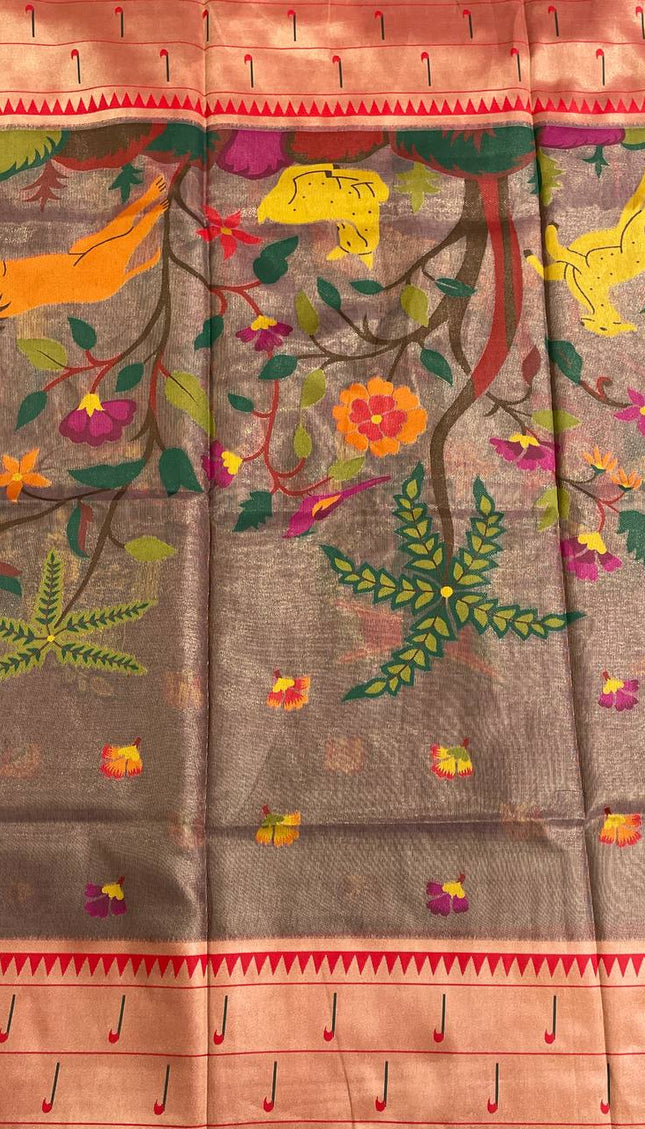Brown Tissue Saree with Paithani Border & Kalamkari Body |CS4|