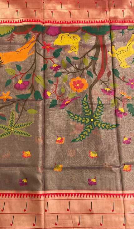 Brown Tissue Saree with Paithani Border & Kalamkari Body |CS4|