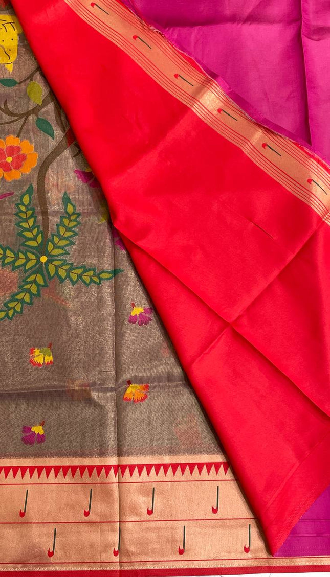 Brown Tissue Saree with Paithani Border & Kalamkari Body |CS4|