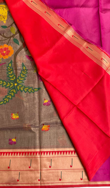 Brown Tissue Saree with Paithani Border & Kalamkari Body |CS4|