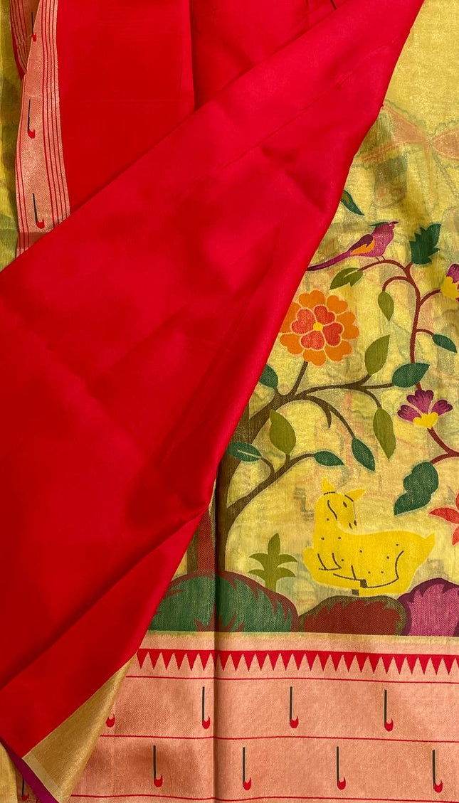 Yellow  Tissue Saree with Paithani Border & Kalamkari Body |CS4|