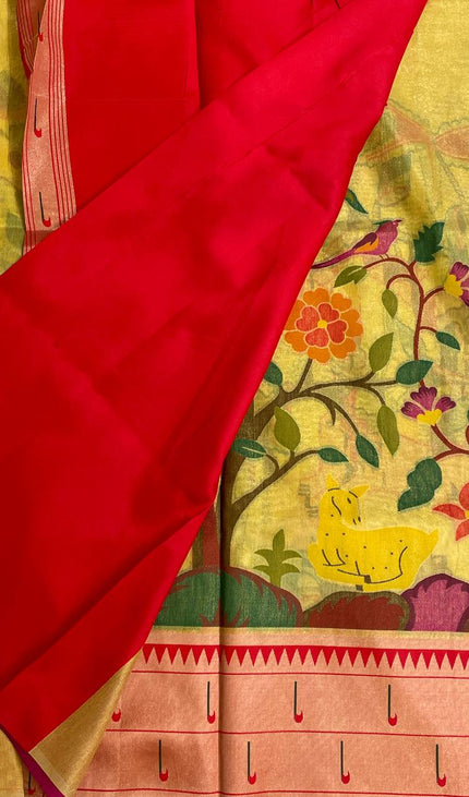 Yellow  Tissue Saree with Paithani Border & Kalamkari Body |CS4|