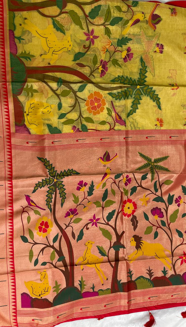 Yellow  Tissue Saree with Paithani Border & Kalamkari Body |CS4|