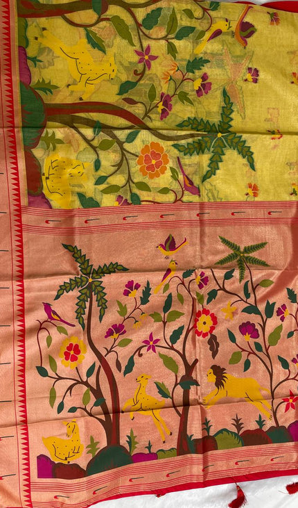 Yellow  Tissue Saree with Paithani Border & Kalamkari Body |CS4|