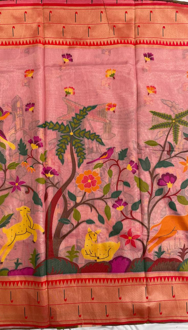 Pink Tissue Saree with Paithani Border & Kalamkari Body |CS4|