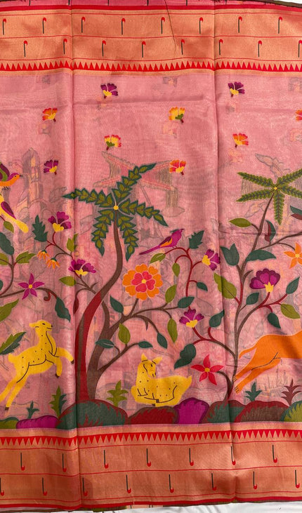 Pink Tissue Saree with Paithani Border & Kalamkari Body |CS4|