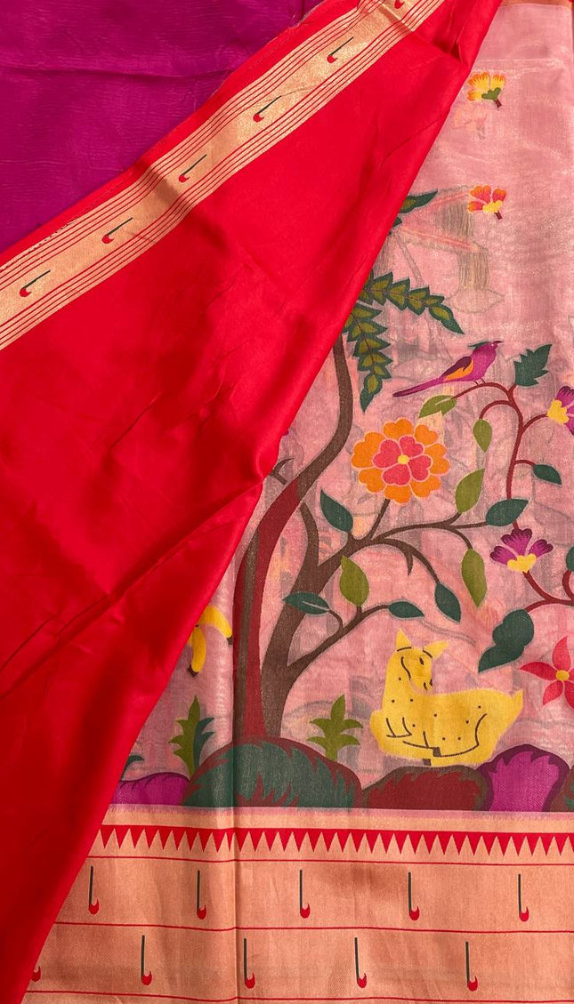 Pink Tissue Saree with Paithani Border & Kalamkari Body |CS4|