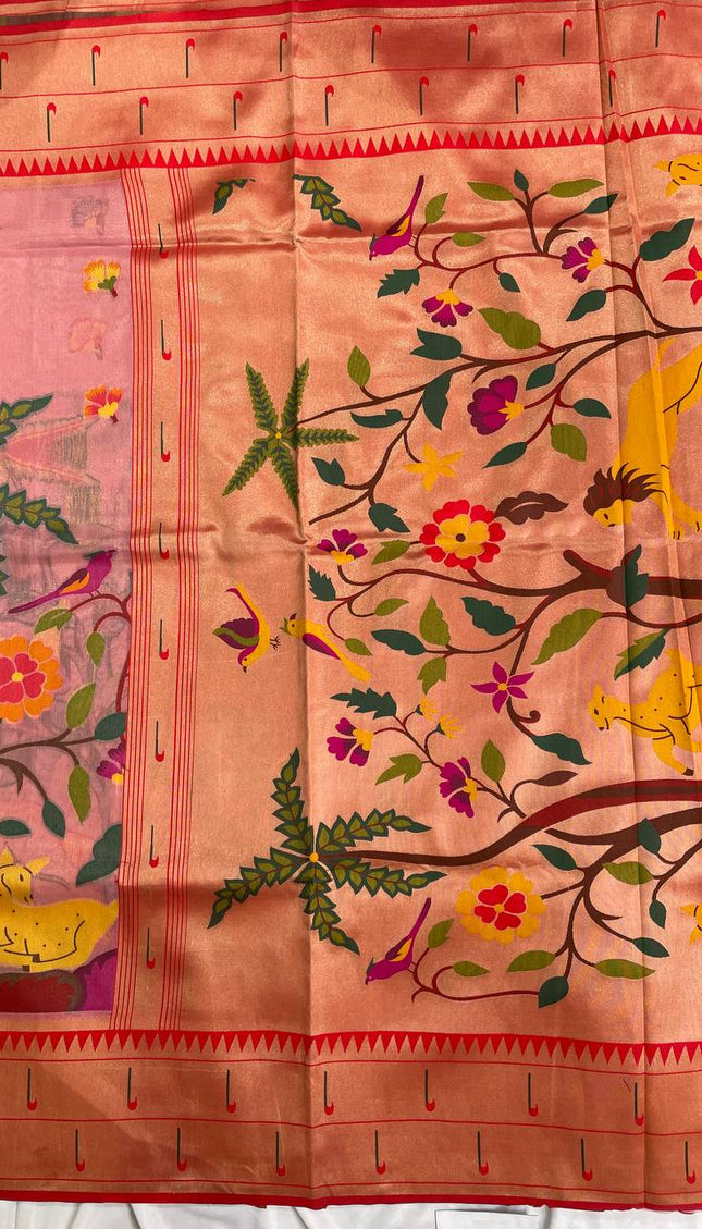 Pink Tissue Saree with Paithani Border & Kalamkari Body |CS4|