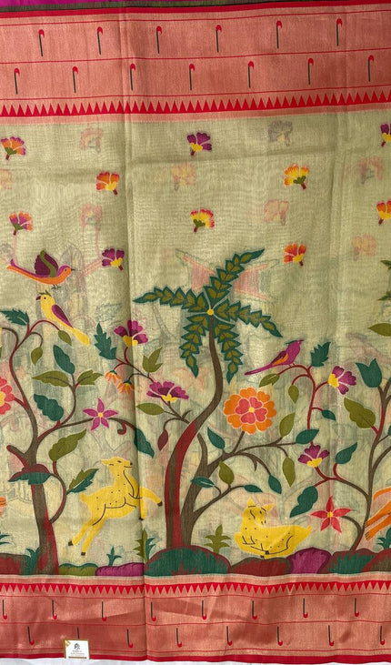 Pastel Green Tissue Saree with Paithani Border & Kalamkari Body |CS4|
