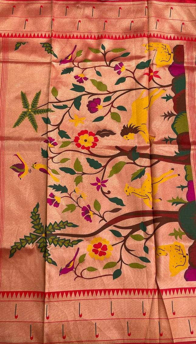 Cream Peach Tissue Saree with Paithani Border & Kalamkari Body |CS4|